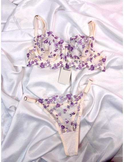  Mugina Charm Beyaz Mor Çiçek Alt Üst Bralet Takımı (ayarlanabilir sütyen ve külot) 