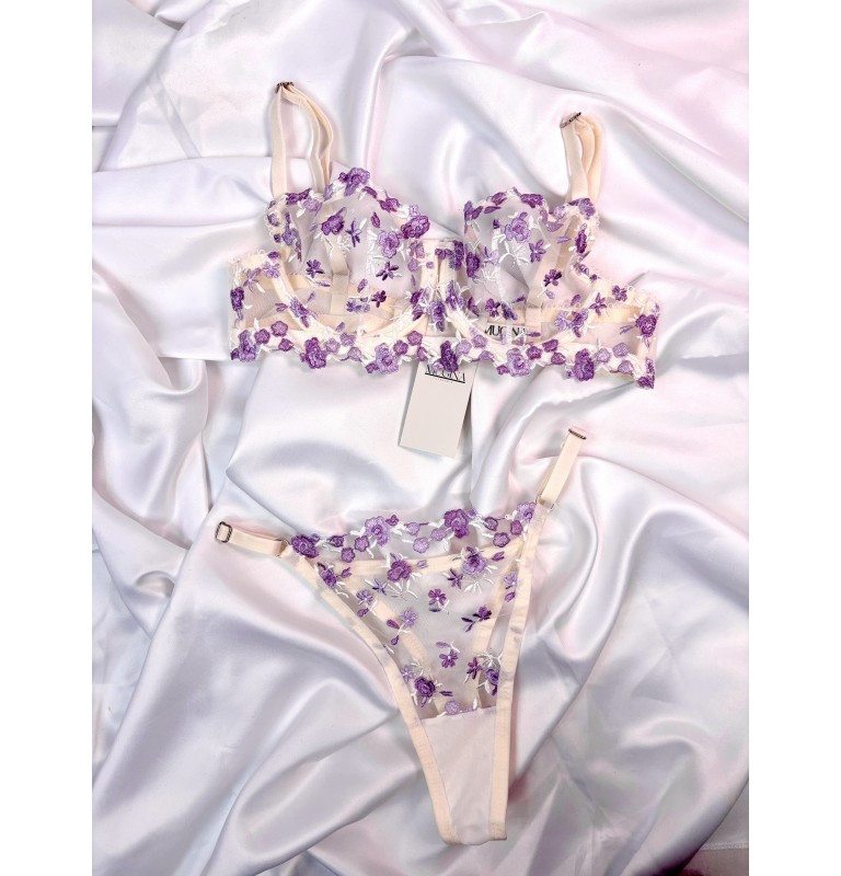  Mugina Charm Beyaz Mor Çiçek Alt Üst Bralet Takımı (ayarlanabilir sütyen ve külot) 