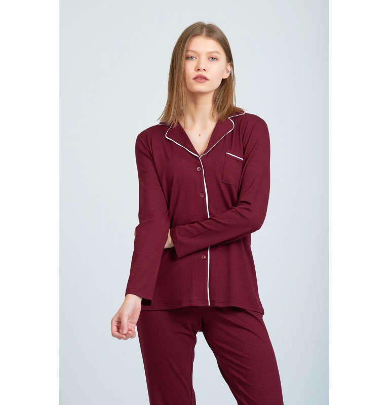 Mugina Luxe Kısa Kollu Biyeli Pamuklu Bordo Pijama Takımı