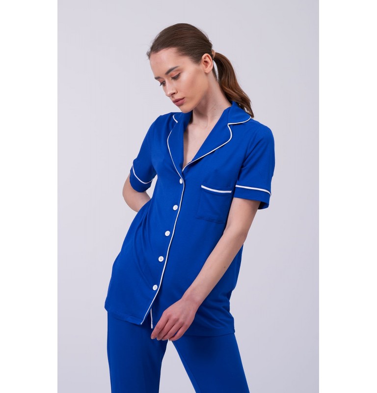 Mugina Luxe Kısa Kollu Biyeli Pamuklu Lacivert Pijama Takımı